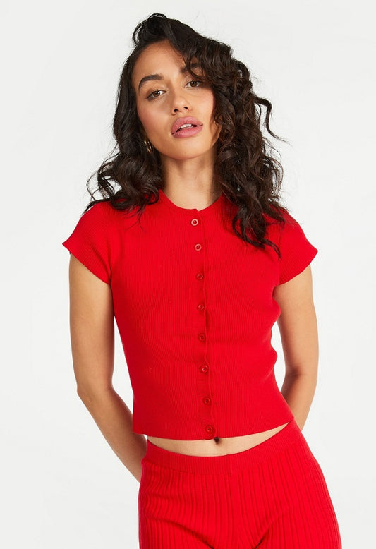 Ribbed Cardigan Top Salsa Red