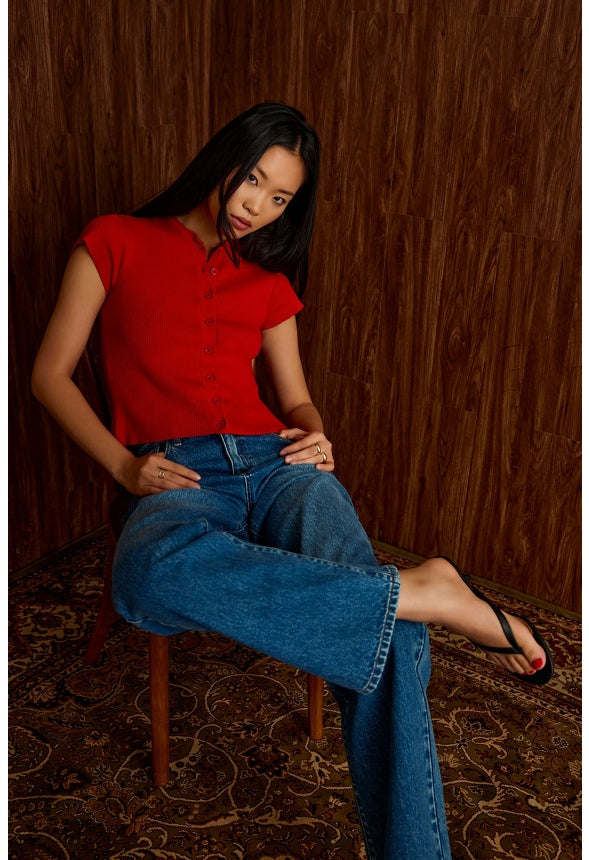 Ribbed Cardigan Top Salsa Red