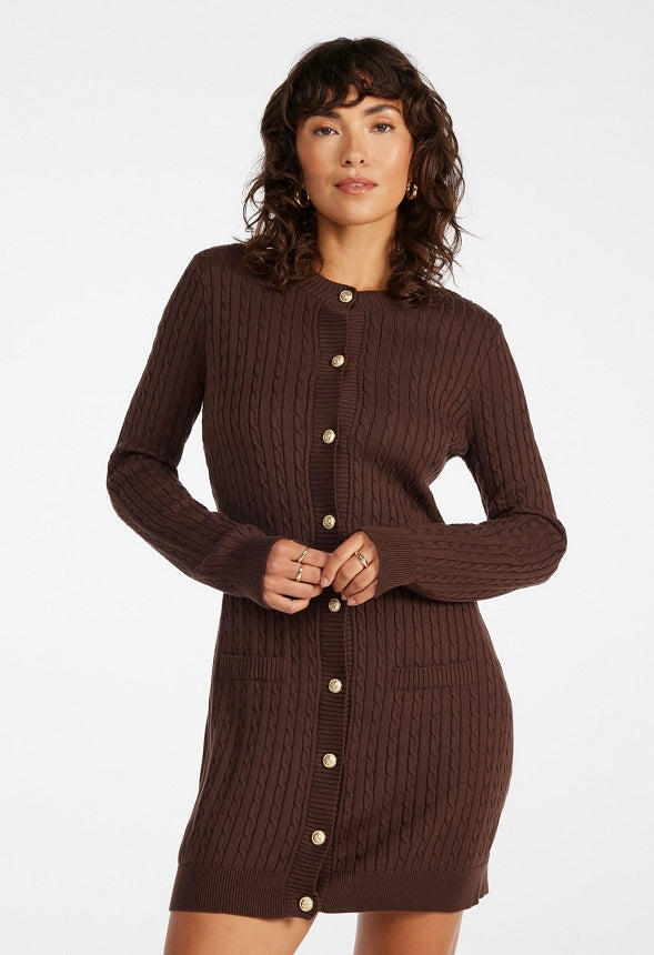 Cable Knit Cardigan Dress Coffee