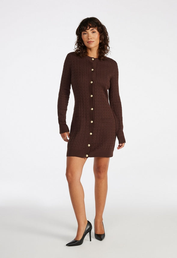 Cable Knit Cardigan Dress Coffee