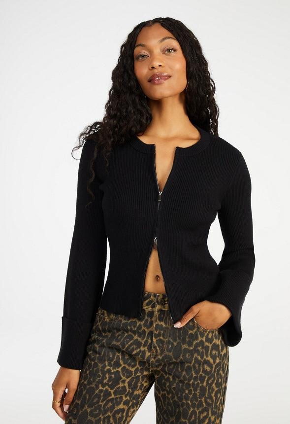 Zip Front Bell Sleeve Cardigan Black Caviar