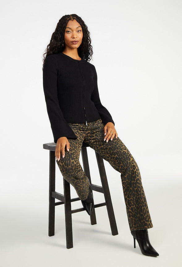 Zip Front Bell Sleeve Cardigan Black Caviar