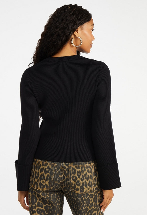 Zip Front Bell Sleeve Cardigan Black Caviar