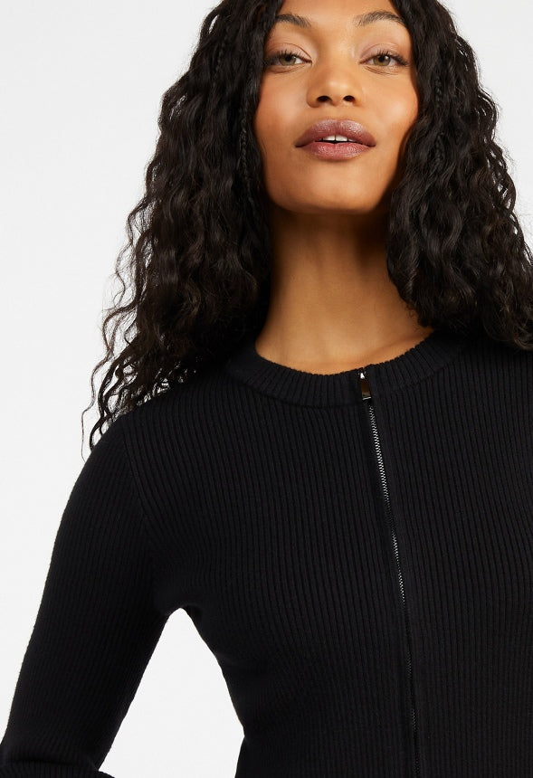 Zip Front Bell Sleeve Cardigan Black Caviar