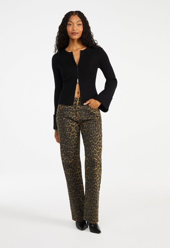 Zip Front Bell Sleeve Cardigan Black Caviar