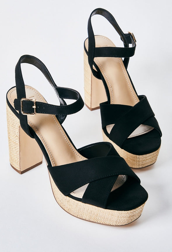 TINA CROSSOVER PLATFORM SANDAL Black/Raffia