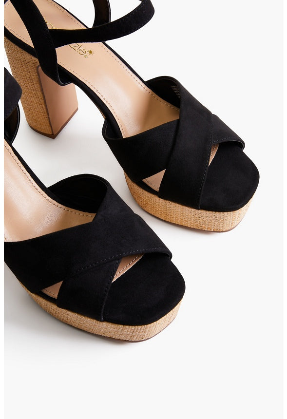 TINA CROSSOVER PLATFORM SANDAL Black/Raffia