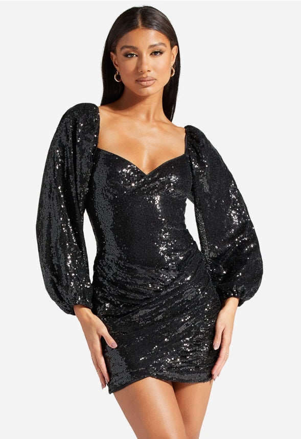 LONG SLEEVE SEQUIN MINI DRESS Black