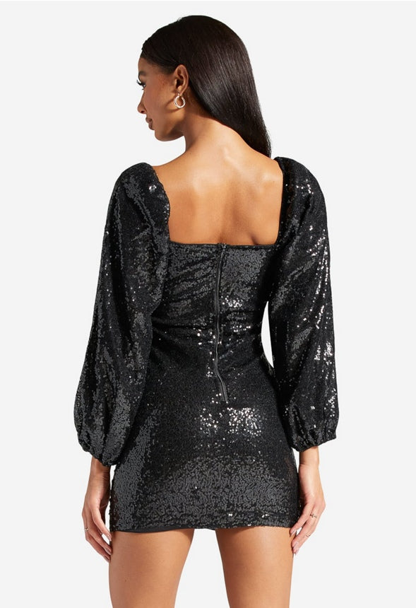 LONG SLEEVE SEQUIN MINI DRESS Black