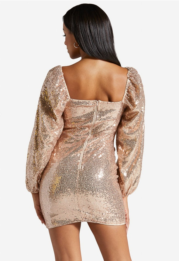 LONG SLEEVE SEQUIN MINI DRESS Rose Gold