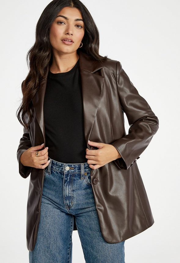 Oversized Faux Leather Blazer Chocolate Torte