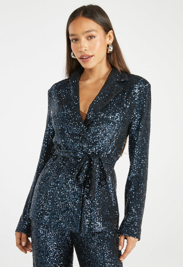 Party Sequin Wrap Blazer Blue Sequin