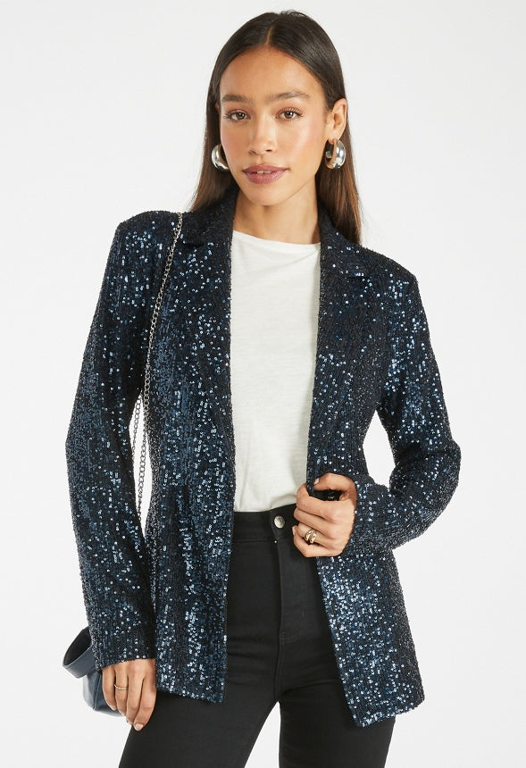 Party Sequin Wrap Blazer Blue Sequin