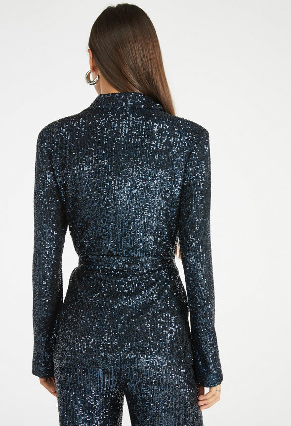 Party Sequin Wrap Blazer Blue Sequin