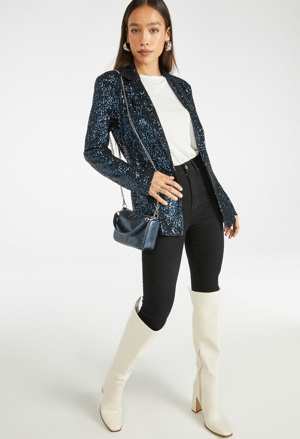 Party Sequin Wrap Blazer Blue Sequin