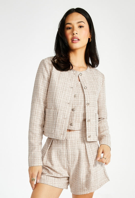 Tweed Button Front Short Jacket Beige Multi