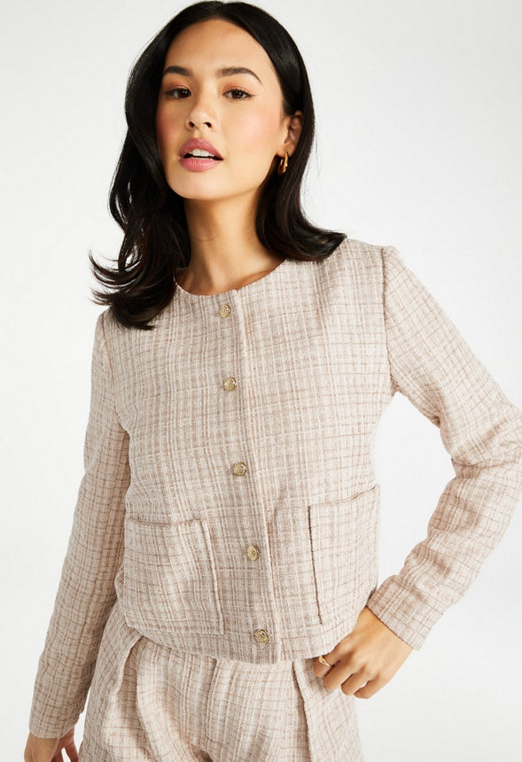 Tweed Button Front Short Jacket Beige Multi