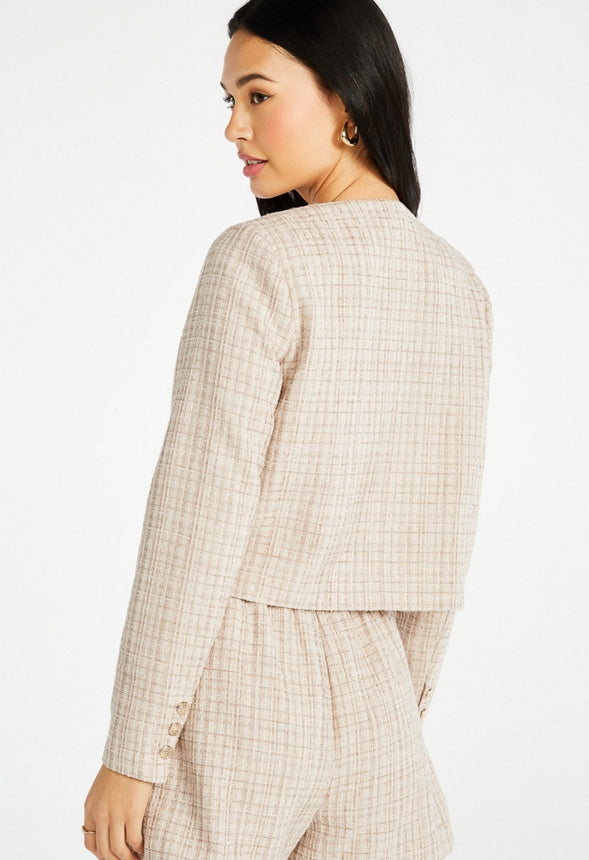 Tweed Button Front Short Jacket Beige Multi