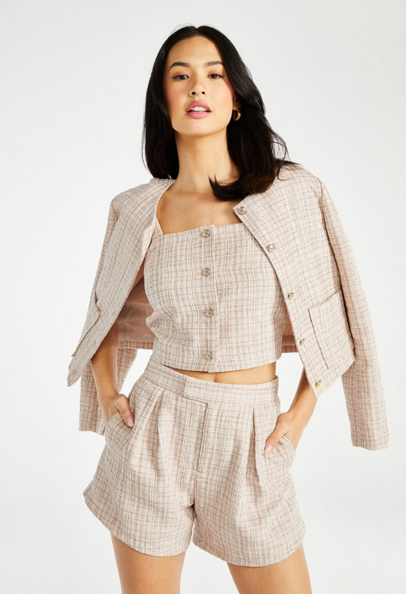 Tweed Button Front Short Jacket Beige Multi