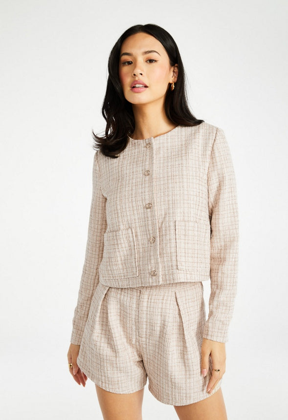 Tweed Button Front Short Jacket Beige Multi