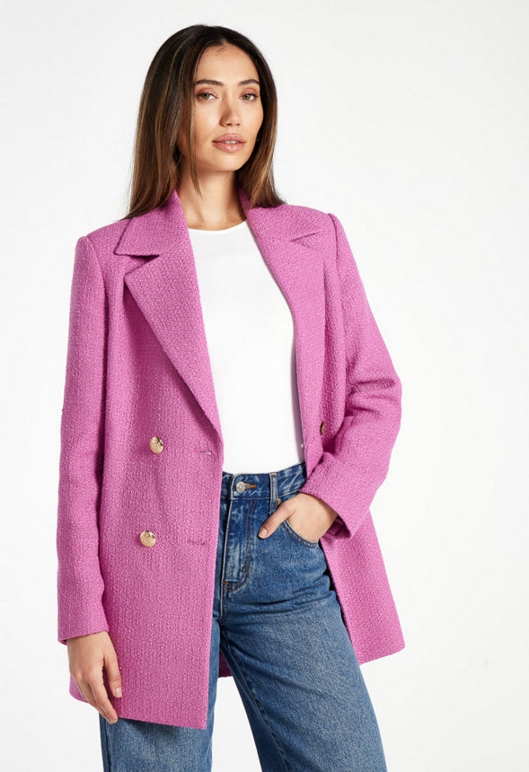 Double Breasted Tweed Blazer Fuschia Pink