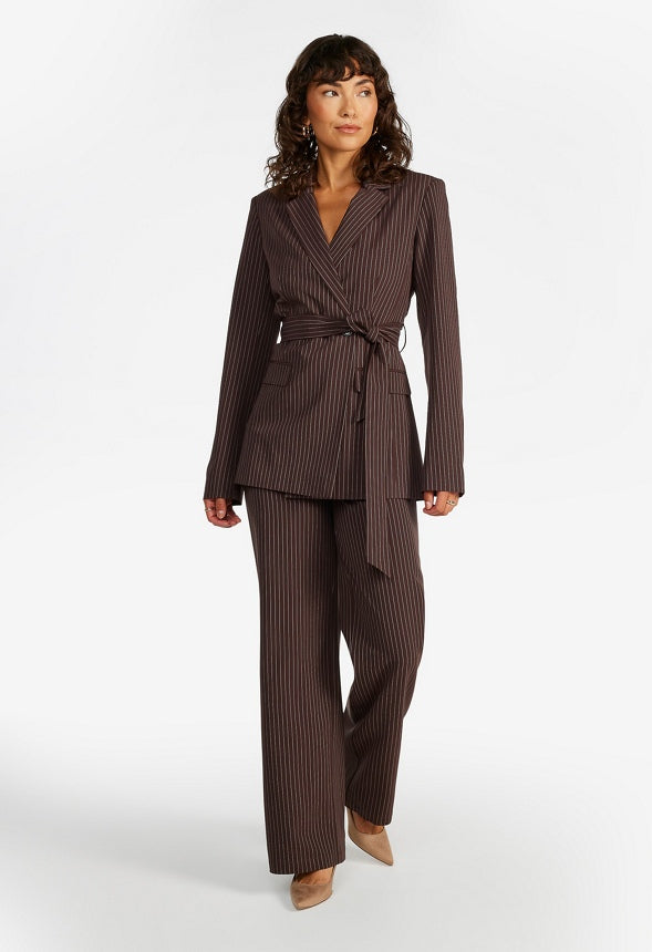 Tailored Belted Blazer Cappuccino/ White Pinstripe