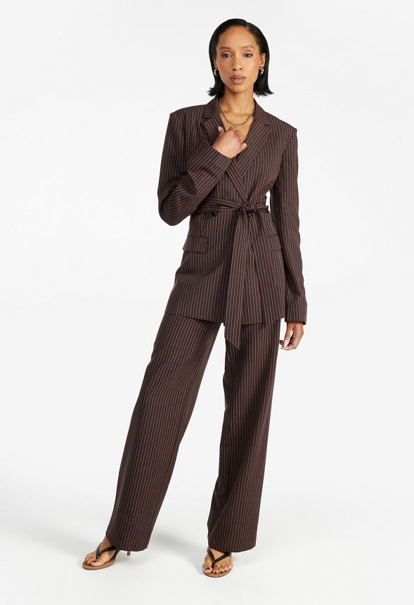 Tailored Belted Blazer Cappuccino/ White Pinstripe