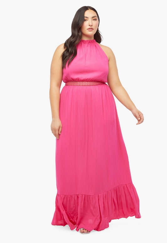 Plus Size Crochet Trim High Halter Maxi Dress Fuchsia