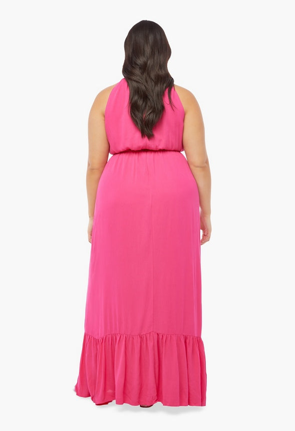 Plus Size Crochet Trim High Halter Maxi Dress Fuchsia