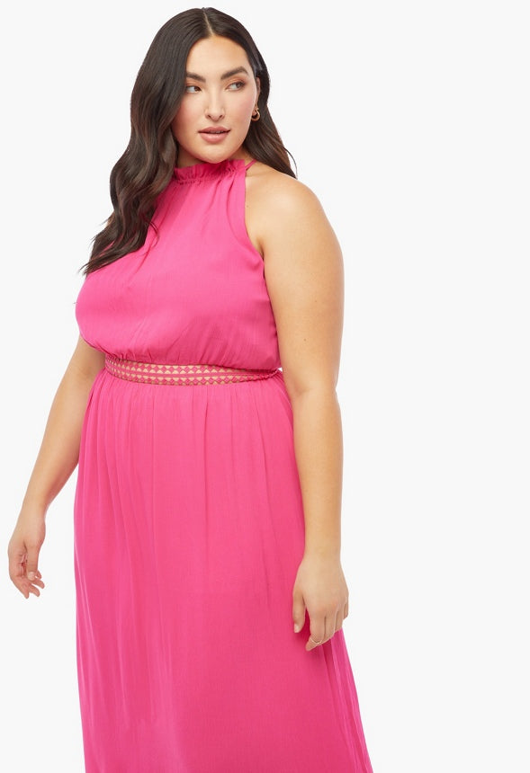 Plus Size Crochet Trim High Halter Maxi Dress Fuchsia