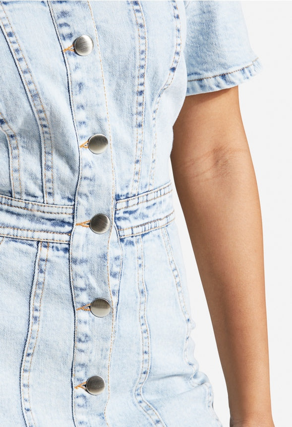 OFF SHOULDER DENIM MINI DRESS Light Stone Wash
