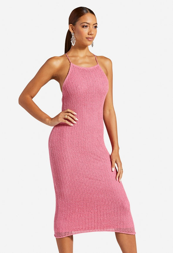 BACK LACE MIDI SWEATER DRESS Pink