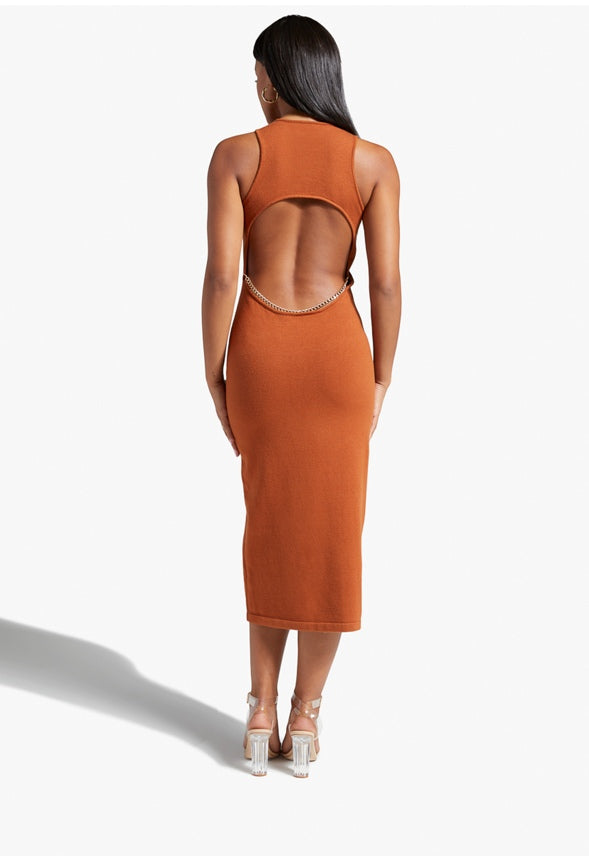 OPEN BACK SWEATER MIDI DRESS Leather Brown