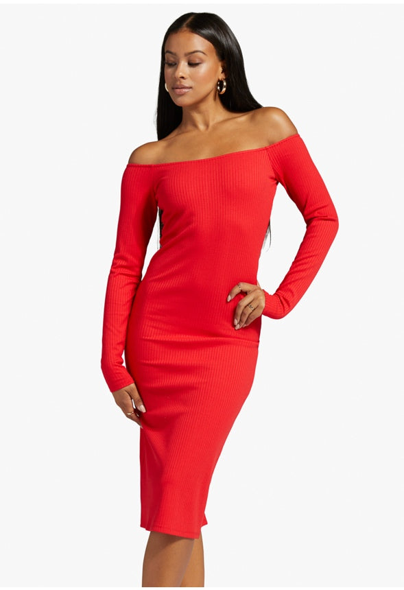 OFF THE SHOULDER MIDI DRESS High Risk Red