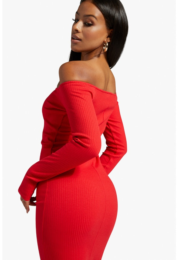 OFF THE SHOULDER MIDI DRESS High Risk Red