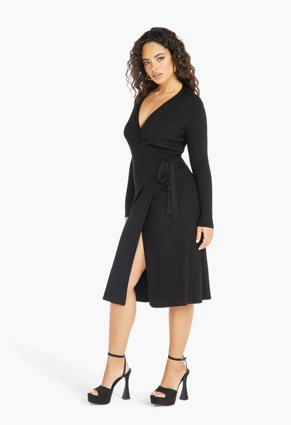 SWEATER WRAP DRESS Black