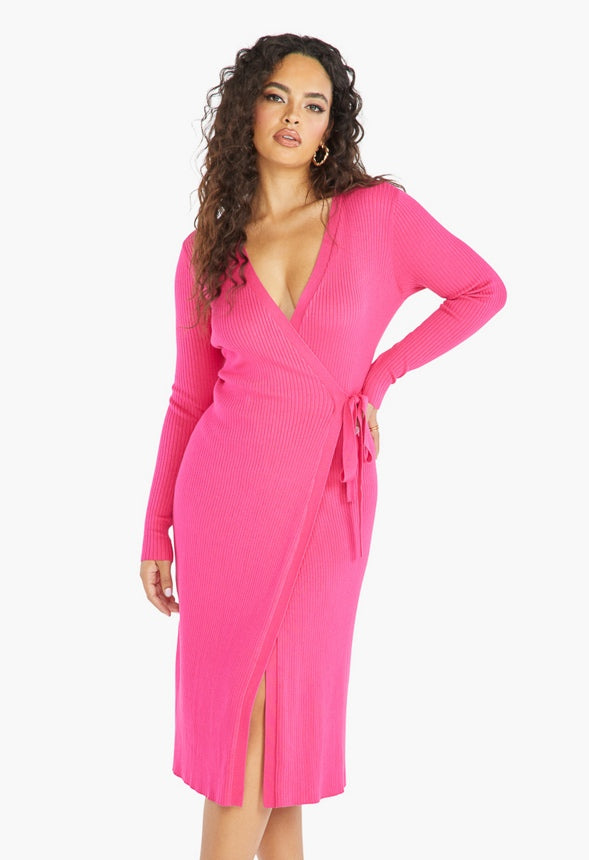 SWEATER WRAP DRESS Pink