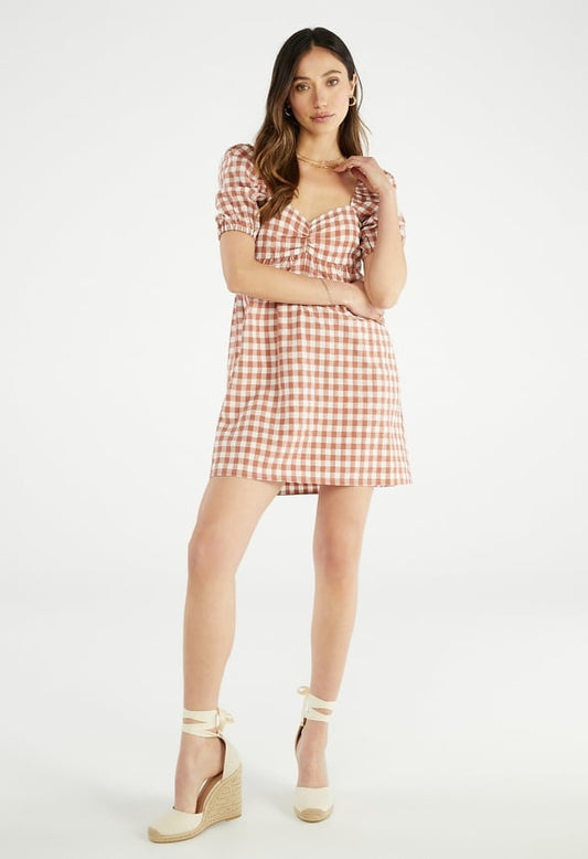 Puff Sleeve Mini Dress Potter's Clay Gingham Multi