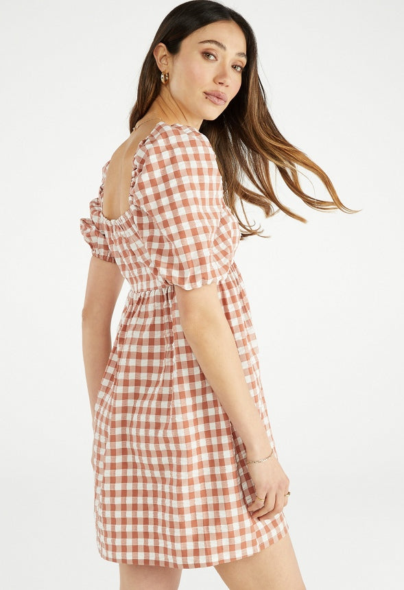 Puff Sleeve Mini Dress Potter's Clay Gingham Multi