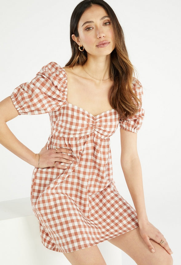 Puff Sleeve Mini Dress Potter's Clay Gingham Multi