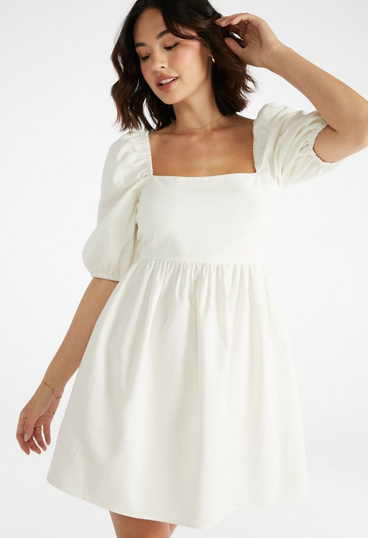 Summer Linen Mini Puff Sleeve Dress Marshmallow White