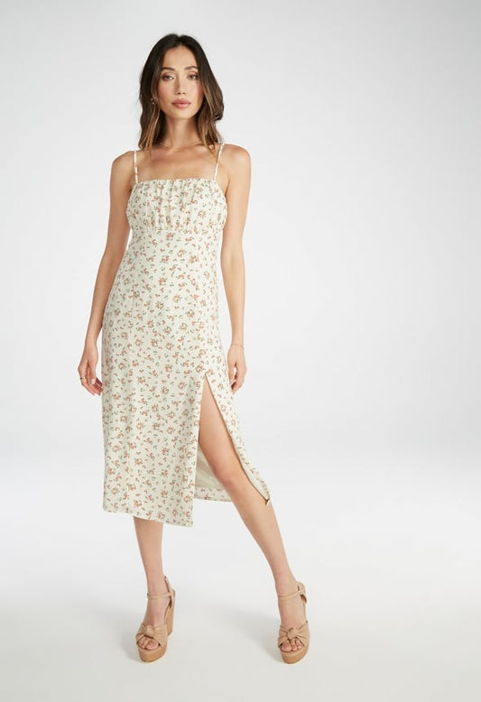 Printed Ruched Midi Dress Marshmallow White Floral