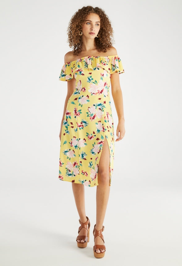 Off the Shoulder Printed Midi Dress Aspen Gold Floral