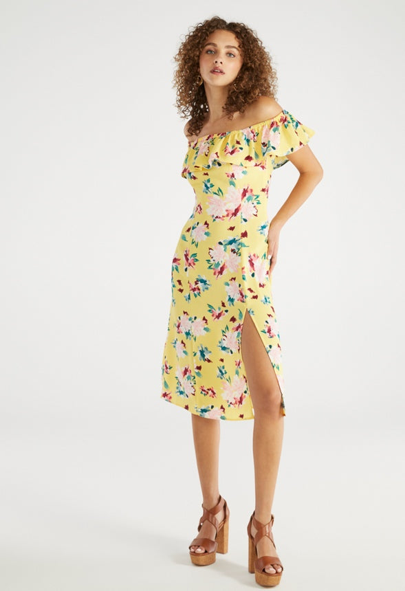 Off the Shoulder Printed Midi Dress Aspen Gold Floral
