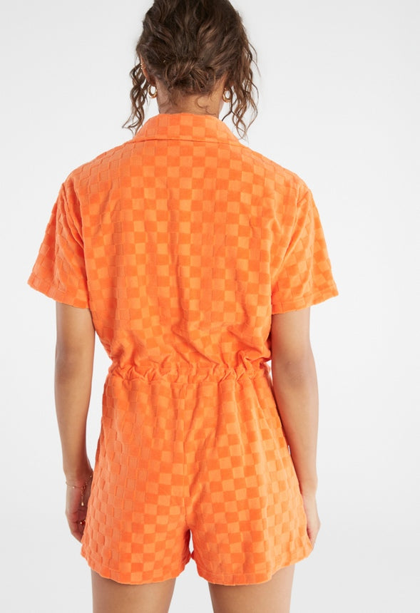 Checkered Terry Romper Mandarin Orange