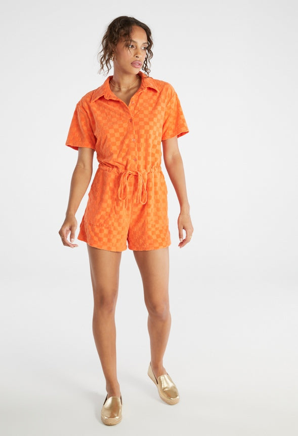 Checkered Terry Romper Mandarin Orange