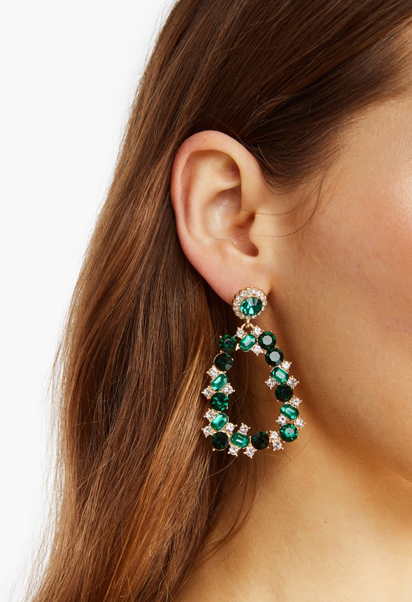 Bella Ornate Jeweled Fashion Drop Earrings Green/Gold
