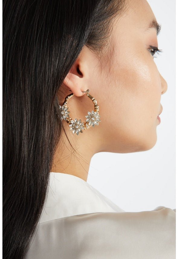 Kara Glass Flower Creole Hoops Clear/Gold
