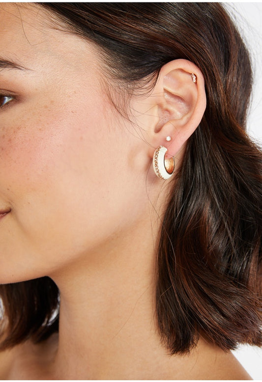 Emme Enamel Rhinestone Hoop Earrings Cream/Gold