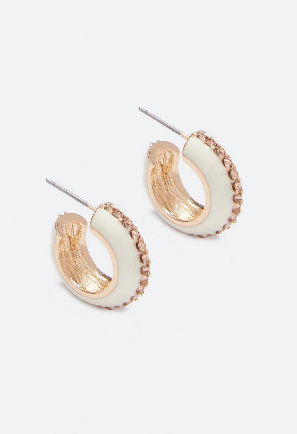 Emme Enamel Rhinestone Hoop Earrings Cream/Gold